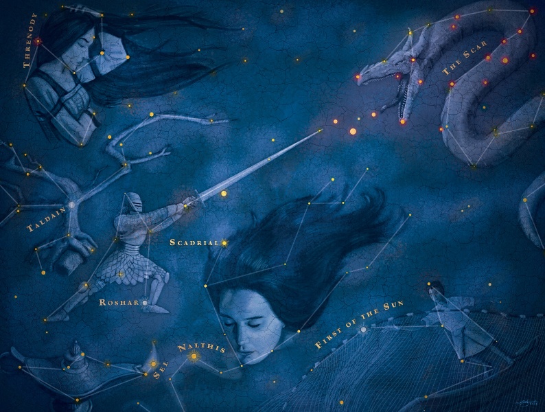A imagem é uma cena artística do universo Cosmere, apresentado com um estilo de mapa estelar. Observa-se um fundo azul profundo com pontos de luz amarelos que formam constelações. Ao longo do espaço, aparecem figuras e símbolos que lembram personagens e artefatos de fantasia:

Vemos uma mulher com o cabelo solto flutuando, como se estivesse submersa no espaço.
Um guerreiro com armadura segura uma espada diante de uma criatura alada ou dragão, sugerindo batalhas épicas.
Outras personagens destacadas, incluindo uma figura com uma longa espada que parece liderar um confronto.
Nomes estilizados orbitando as constelações, como “thyrenod”, “taladin”, “roshar”, “scadrial” (ou “scadriAl”), “nalithis” e “first of the sun”, que pertencem a diferentes mundos do Cosmere.
Linhas finas conectando as estrelas, formando constelações e símbolos que remetem a mapas estelares e à geografia cósmica dos sistemas planetários do Cosmere.
Resumo: é uma ilustração temática do Cosmere, o conjunto de mundos de fantasia criado por Brandon Sanderson, apresentando figuras heroicas, armas míticas, criaturas e nomes de mundos conectados por constelações em um visual de carta estelar.
