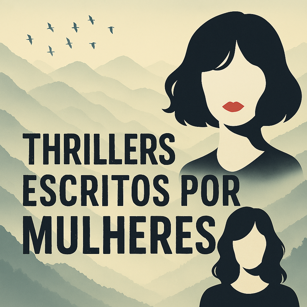 Ilustração digital com fundo de montanhas em tons suaves de verde e bege, evocando uma atmosfera misteriosa. À esquerda, pássaros em silhueta voam sobre as montanhas. À direita, o rosto estilizado de uma mulher com cabelo preto ondulado e lábios vermelhos, sem outros traços faciais. Ao centro, o título em letras maiúsculas: “Thrillers Escritos por Mulheres”, em fonte preta com textura desgastada.